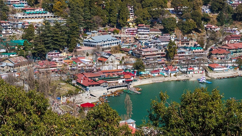 Aerial view of Nainital lake and hill town Uttarakhand